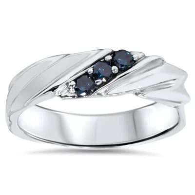Pompeii3 1/10ct Treated Blue Diamond Mens Three Stone Wedding Ring 14k White Gold Size Selectable