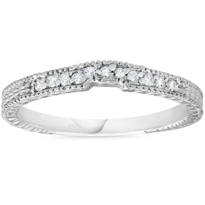 Pompeii3 1/10ct Vintage Diamond Notched Wedding Ring 14k White Gold In Silver