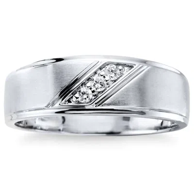 Pompeii3 1/16ct Tw Three Stone Men's Brushed Diamond Lab Grown Wedding Ring In 14k Gold In Silver