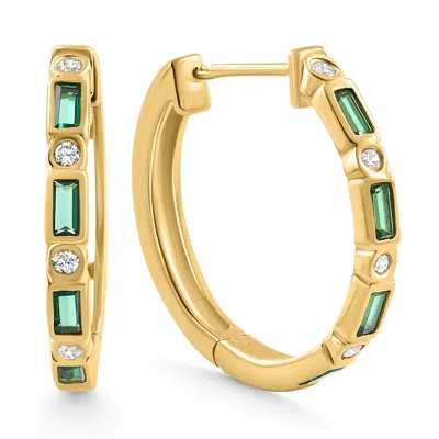 Pompeii3 1/2ct Emerald & Diamond Crown Jewel Hoops Yellow Gold Earrings Lab Grown 3/4"