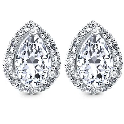 Pompeii3 1/2ct Pear Shape Halo Screw Back Diamond Studs White Or Yellow Gold Earrings In Metallic