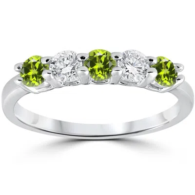 Pompeii3 1/2ct Peridot & Diamond 5 Stone Ring 14k White Gold In Green