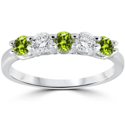 Pompeii3 1/2ct Peridot & Diamond 5 Stone Ring 14k White Gold Size Selectable In Green