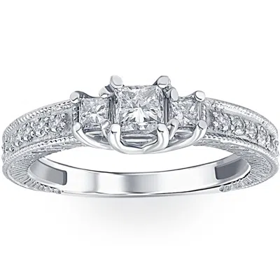 Pompeii3 1/2ct Vintage Three Stone Princess Cut Diamond Engagement Ring 14k White Gold In Multi