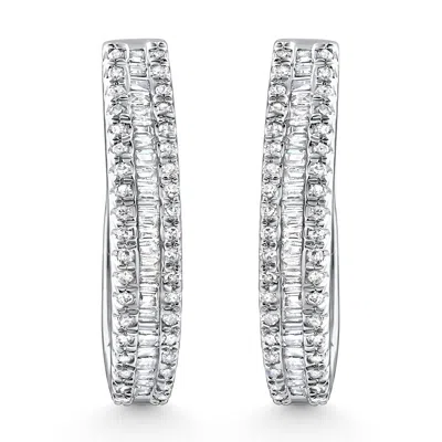 Pompeii3 1/3ct Baguette & Round Diamond Hoops White Gold 3/4" Tall In Multi