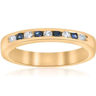 Pompeii3 1/3ct Diamond & Blue Sapphire Anniversary Wedding Ring 14k Yellow Gold In Multi