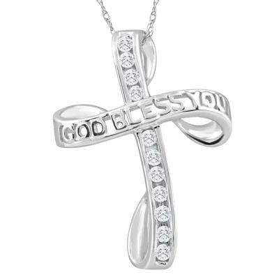 POMPEII3 1/3CT T. W. DIAMOND CROSS 10K WHITE GOLD NECKLACE GOD BLESS YOU PENDANT 18" CHAIN
