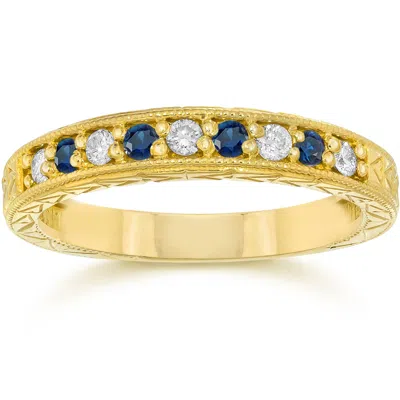 Pompeii3 1/4ct Blue Sapphire & Diamond Vintage Ring 14k Yellow Gold In Multi