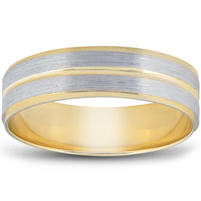 Pompeii3 14k Gold Two Tone Flat Wedding Band 6mm Brushed White & Yellow Mens Ring In Multi