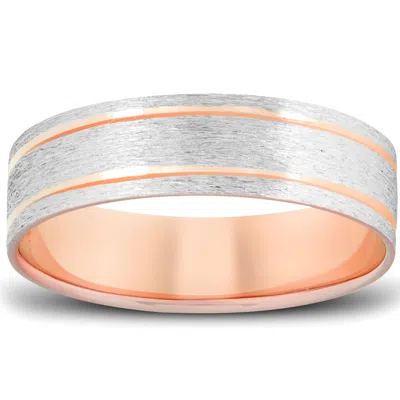 Pompeii3 14k Rose & White Gold 6mm Flat Comfort Fit Mens Brushed Two Line Wedding Band In Multi