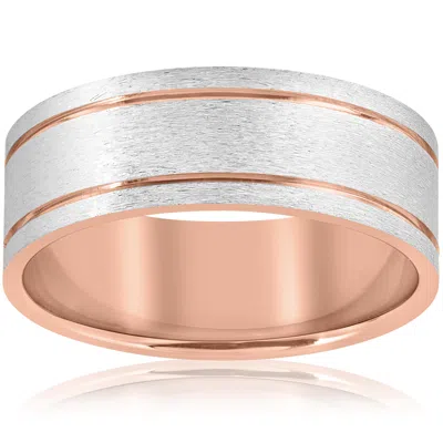 Pompeii3 14k Rose Gold 8mm Two Tone Flat Brushed Comfort Fit Mens Wedding Band In Multi
