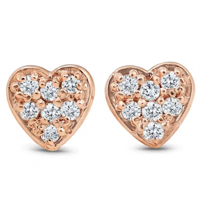 Pompeii3 14k Rose Gold Diamond Pave Petite Heart Studs Dainty High Polished 5.7mm In Silver