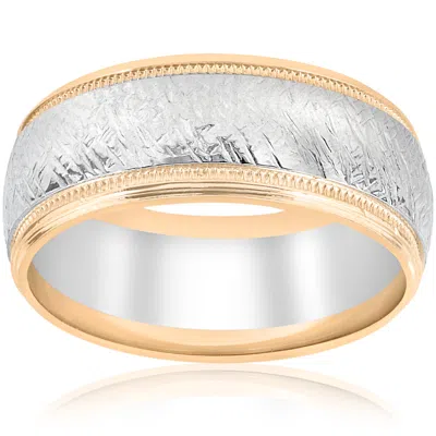 Pompeii3 14k White & Yellow Gold Men's Comfort Wedding 8mm Two Tone Etched Two Tone Band In Multi