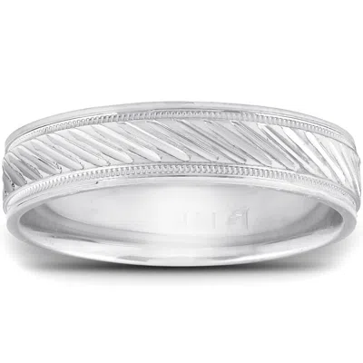 Pompeii3 14k White Gold 5mm Flat Mens Hand Carved Wedding Band In Multi