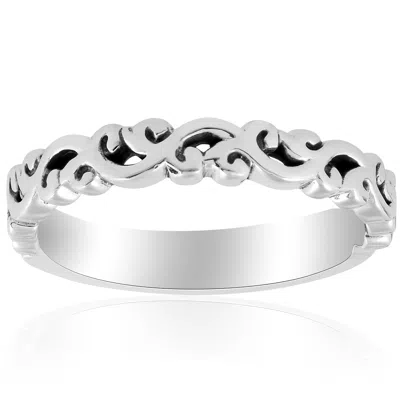 Pompeii3 14k White Gold Hand Carved Womens Wedding Band Filigree Vintage Stackable Ring In Multi