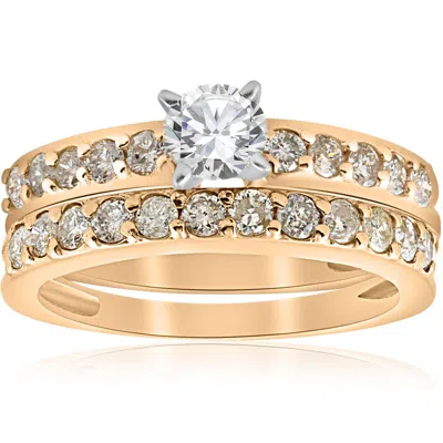 Pompeii3 14k Yellow Gold 1 Carat Diamond Engagement Ring Matching Wedding Band Set In Silver