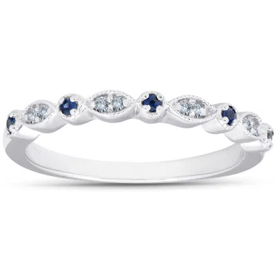 Pompeii3 1/5 Ct Blue Sapphire & Diamond Wedding Ring Stackable Band 10k White Gold In Multi
