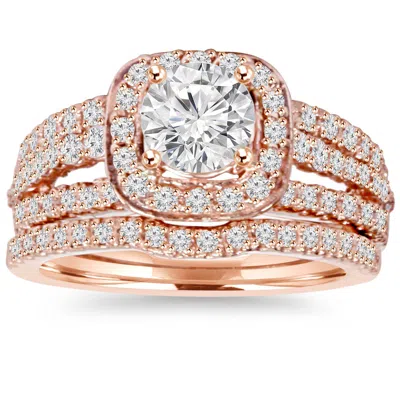 Pompeii3 1.50ct Cushion Halo Diamond Engagement Ring Set 14k Rose Gold In Silver
