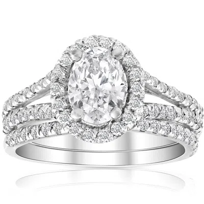 Pompeii3 1.75ct Diamond & Oval Moissanite Engagement Wedding Ring Set 14k White Gold In Silver