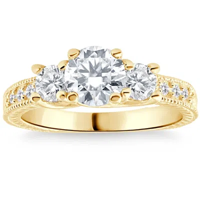 Pompeii3 1.80ct Three Stone Diamond Engagement Ring Vintage Accents 14k Yellow Gold In Silver