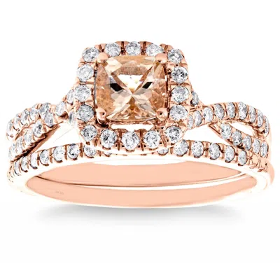 Pompeii3 1c Tw Cushion Morganite Diamond Engagement Wedding Ring Set 14k Rose Gold In White