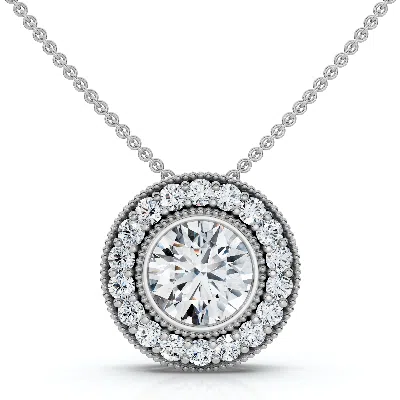 Pompeii3 1ct Beverly Diamond Halo Bezel Pendant 14k Gold 18" Necklace Lab Grown In White