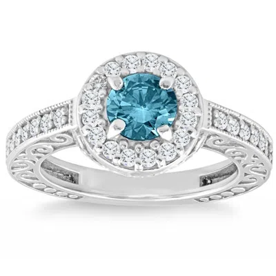 Pompeii3 1ct Blue & White Diamond Halo Vintage Engagement Ring Lab Grown 14k White Gold