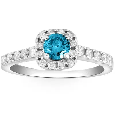 Pompeii3 1ct Blue Diamond Cushion Halo Engagement Ring In 14k White Gold