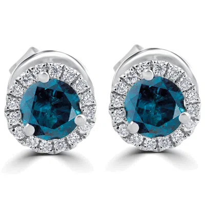Pompeii3 1ct Blue Diamond Halo Studs 10k White Gold Earrings In Multi