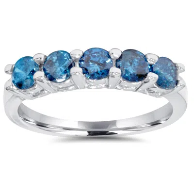 Pompeii3 1ct Blue Diamond Wedding Five Stone Ring 14k White Gold In Silver