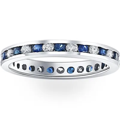 Pompeii3 1ct Blue Sapphire & Diamond Channel Set Eternity Wedding Ring 14k White Gold In Multi