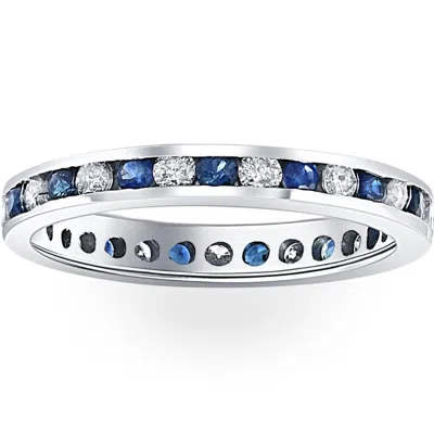 Pompeii3 1ct Blue Sapphire & Diamond Channel Set Eternity Wedding Ring 14k White Gold Size Selectable In Metallic