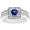 Pompeii3 1ct Blue Sapphire Princess Cut Halo Diamond Ring Set 14k White Gold In Blue