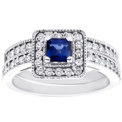 Pompeii3 1ct Blue Sapphire Princess Cut Halo Diamond Ring Set 14k White Gold In Multi
