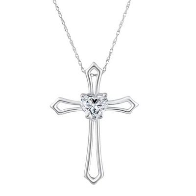 Pompeii3 1ct Cross Solitaire Heart Shape Diamond Necklace Gold Womens Necklace 1" Tall In Silver