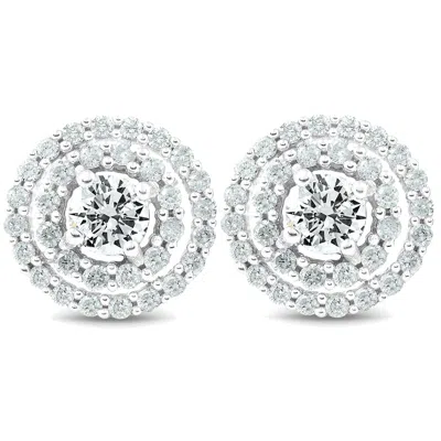 Pompeii3 1ct Diamond Double Halo Studs Screw Back Womens Earrings White Gold 10.2mm In Silver