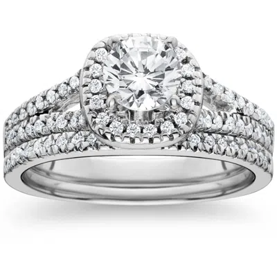 Pompeii3 1ct Halo Diamond Engagement Ring Set Split Shank Bridal Wedding 14k White Gold In Silver