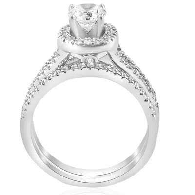 Pompeii3 1ct Halo Diamond Engagement Ring Set Split Shank Bridal Wedding 14k White Gold Size Selectable In Silver
