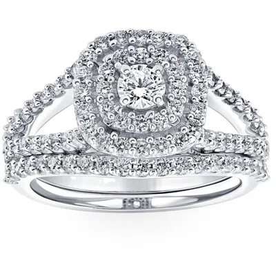 Pompeii3 1ct Lab Grown Diamond Cushion Halo Engagement Wedding Ring Set 10k White Gold In Silver