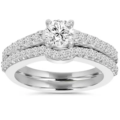 Pompeii3 1ct Pave Diamond Engagement Wedding Matching Ring Set 14k White Gold Round Cut In Silver