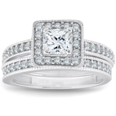 Pompeii3 1ct Princess Cut Halo Diamond Engagement Wedding Ring Set 14k White Gold In Multi