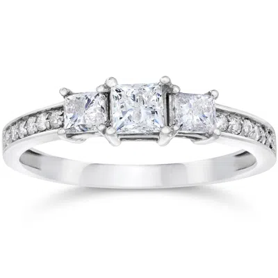 Pompeii3 1ct Three Stone Princess Cut Diamond Engagement Ring 14k White Gold Size Selectable In Silver