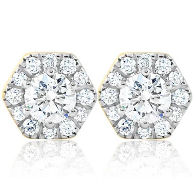 Pompeii3 1ct Tw Diamond Studs Hexagon Halo Lab Grown Earrings White Or Yellow Gold In Silver