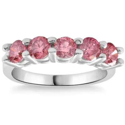 Pompeii3 1ct Tw Five Stone Pink Diamond Wedding Ring Lab Grown Band 14k White Gold
