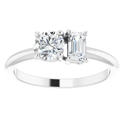 Pompeii3 1ct Two Stone Moissanite Emerald Round Engagement Ring White Yellow Or Rose Gold In Metallic