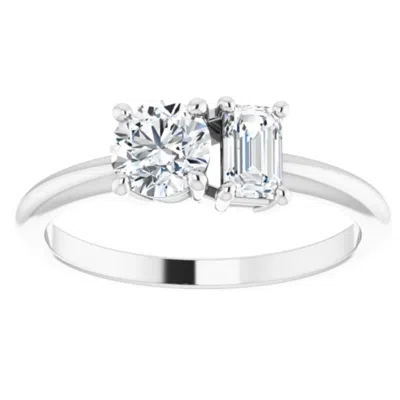 Pompeii3 1ct Two Stone Moissanite Emerald Round Engagement Ring White Yellow Or Rose Gold In Silver