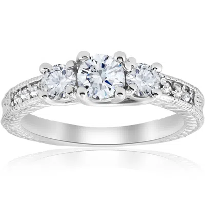 Pompeii3 1ct Vintage Diamond Three Stone Engagement Ring 14k White Gold In Silver