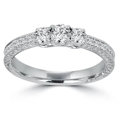 Pompeii3 1ct Vintage Three Stone Round Diamond Engagement Ring 14k White Gold In Silver