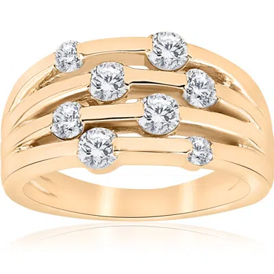 Pompeii3 1ct Yellow Gold Real Diamond 14k Right Hand Womens Fashion Multi Row Ring Size Selectable In Silver