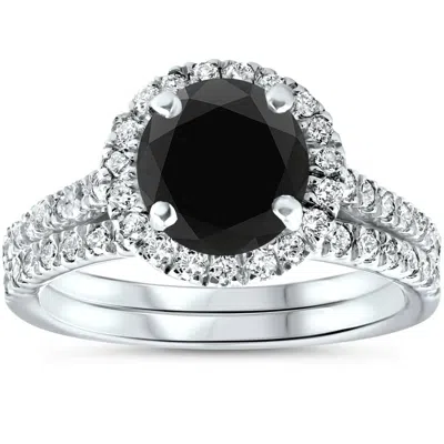 Pompeii3 2 1/2 Ct Treated Black Diamond Halo Engagement Wedding Ring Set 14k White Gold In Multi